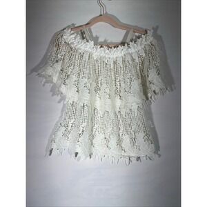 Pretty Angel Floral‎ Lace Blouse Women S/M White Off Shoulders Crop Tiered Sheer